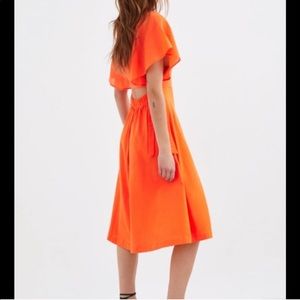 NWOT Zara Orange Midi Dress with Flutter Sleeve